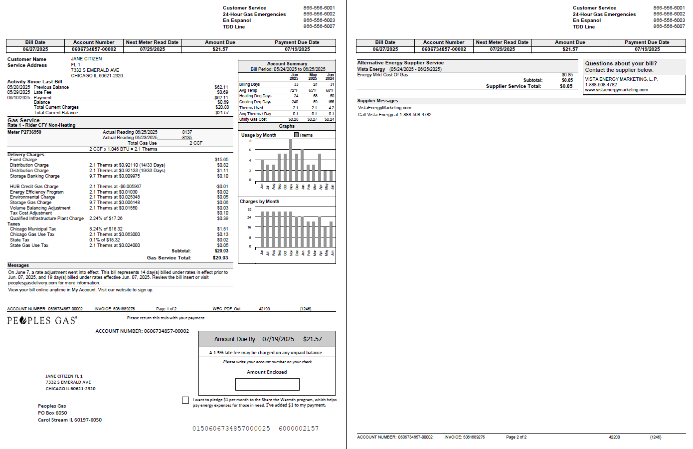 USA Peoples Gas utility bill template in Word and PDF formats, 2 pages